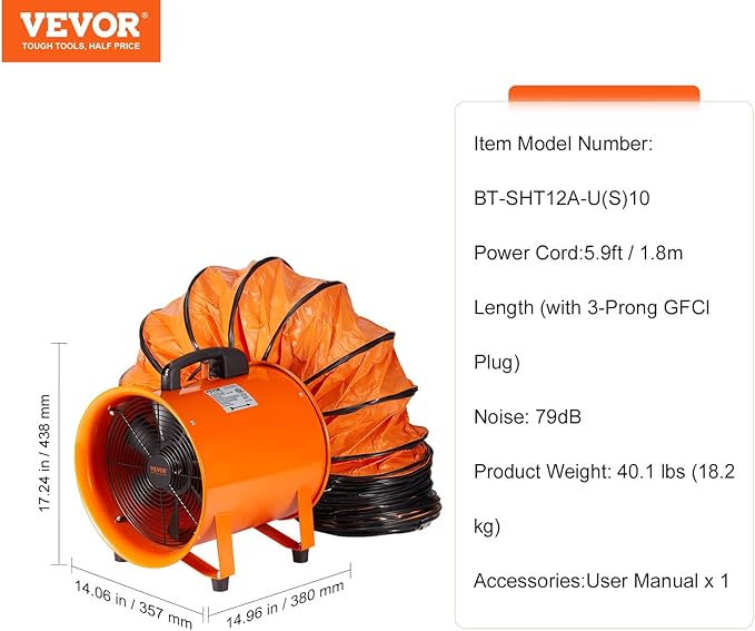VEVOR Air Mover Blower Fan 12 Inch, 3198CFM 585W with 33ft Flexible Duct, Industrial Portable Ventilator Blower/Exhaust, Orange - Image 7