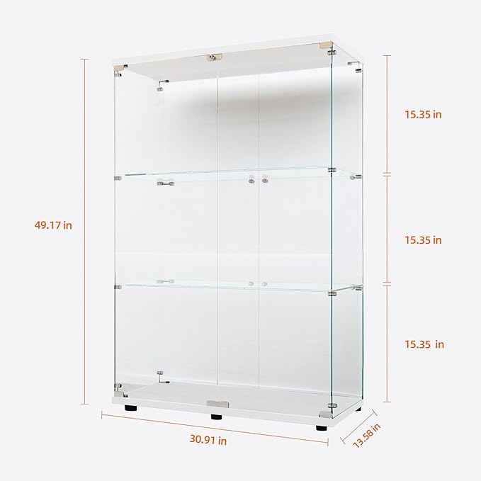 Yoluckea 3-Tier Glass Display Cabinet with Paipai Light, 2-Door Floor Standing Curio Cabinet with Adjustable Floor Feet for Home Office Corner Display, White Glass Bookshelf for Collections and Decor - Image 2
