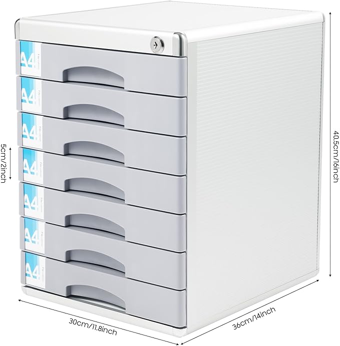 7 Tier Desktop Drawer Organizer, Aluminum Alloy File Organizer, Desktop Drawer Paper Organizer, 7 Drawers with Label Slot Document Storage Box with Key for Offices School - Image 2