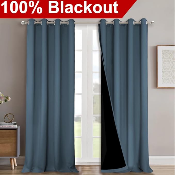NICETOWN 100% Blackout Blinds, Set of 2, 46" x 96", Smoky Blue, Laundry Room Decor Window Treatment Curtains for Large Patio Sliding Door, Thermal Insulated Curtains for Bedroom - Image 2