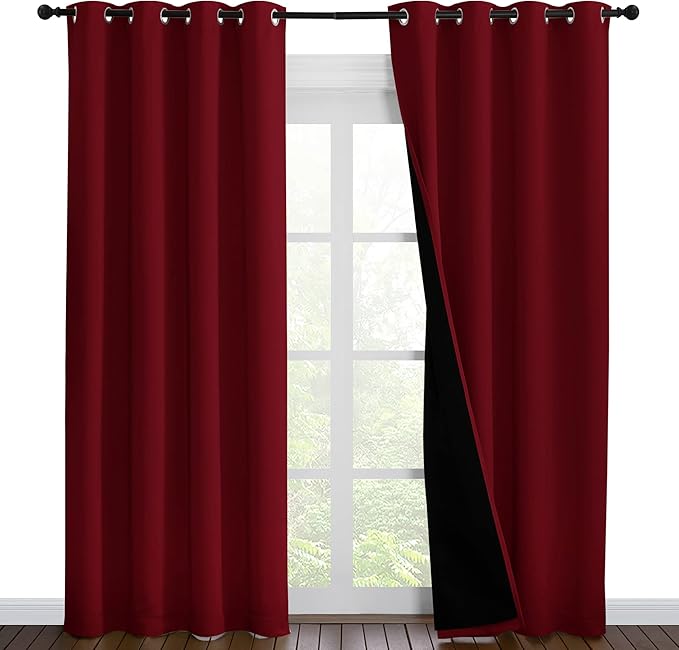 NICETOWN 100% Blackout Curtains with Black Liner Backing, Thermal Insulated Curtains for Living Room, Noise Reducing Drapes for Christmas, Burgundy Red, 55 inches x 86 inches Per Panel, Set of 2 by NICETOWN
