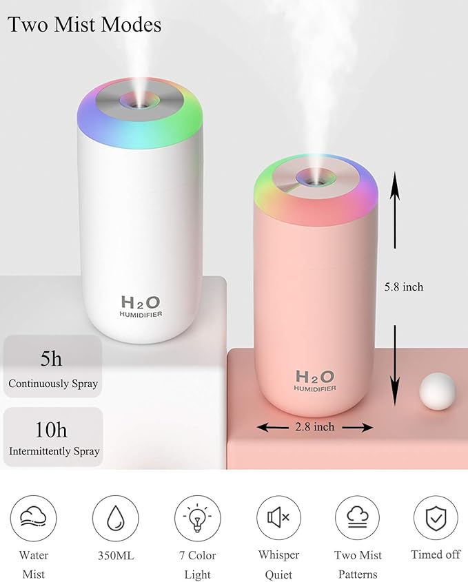 Mini Humidifier, 350ml Small Humidifier for bedroom, desk, portable, travel, plant (Pink) - Image 2