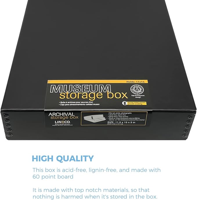 Lineco 11x14 Black Museum Archival Storage Box, Drop Front Design, 11 1/2 x 15 x 3 in. Acid-Free with Metal Edge. Preserves Picture Longevity, Organize Photos or Documents, Crafts, DIY. - Image 3