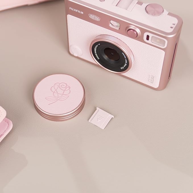 Pink Lens Cap for Fujifilm Insta Mini EVO, Retro Leather Aluminum Anti-Dust Anti-Scratches Lightweight Camera Lens Cover with Rose Pattern, Accessories for Fuji Mini Evo Lens Protection Cover - Image 2