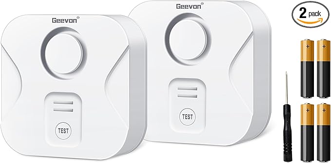 Geevon 2 Pack Water Leak Detectors for Home, 100dB Water Sensor Alarm Flood Leakage Detection Devices for Bathroom, Basements, Laundry Rooms, Kitchen, IP56 Waterproof(Battery＆Screwdriver Included) by GEEVON