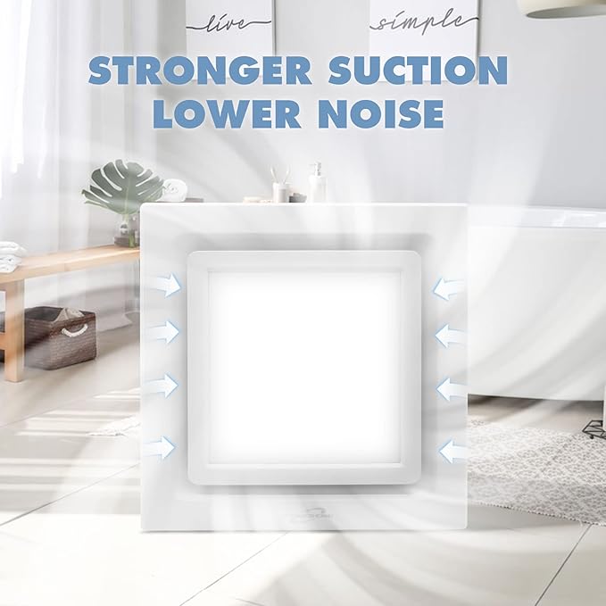 Bathroom Exhaust Fan with Light,9.8 in Panel,6000K 12W Square LED,117CFM 0.7 Sones 4 Inches Duct 115V,Quiet Bathroom Ventilation Exhaust Fan for Shower/Restroom/Office/Home (6000K LED) - Image 3