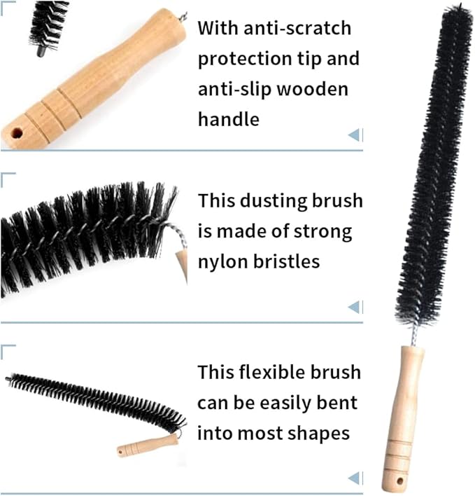 2 Pack Radiator Brush, Dryer Cleaner Vent Brush, 40 cm Long Flexible Pipe Refrigerator Coil Brush, Vent Cleaner Brushes with Wooden Handle for Refrigerators, Baseboards(Black) - Image 3