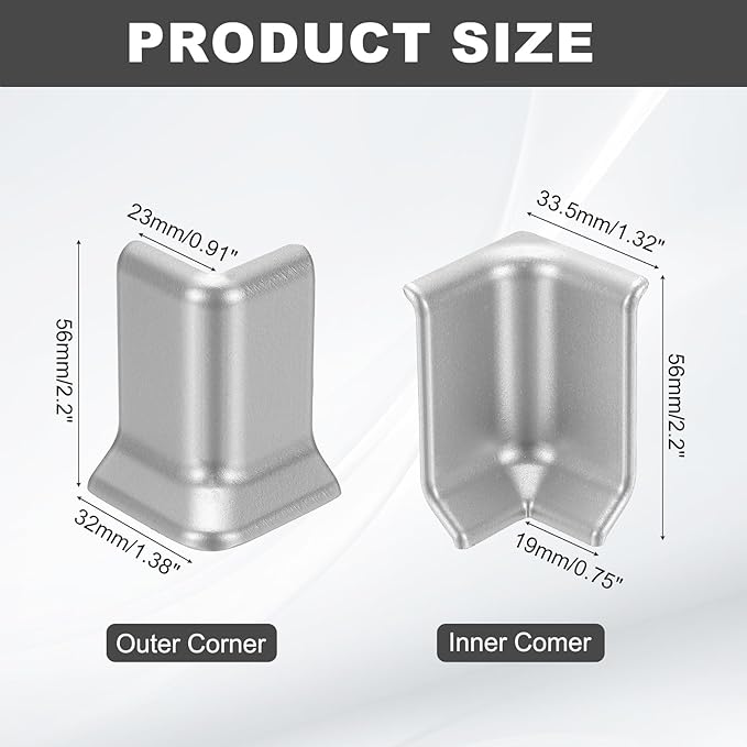 uxcell Self Adhesive Baseboard Corner Blocks, 2.2 Inch Wall Edge Corner Protector 2 Inside + 2 Outside Corners-Connector for Wall Floor Furniture Edge(Silver) - Image 2