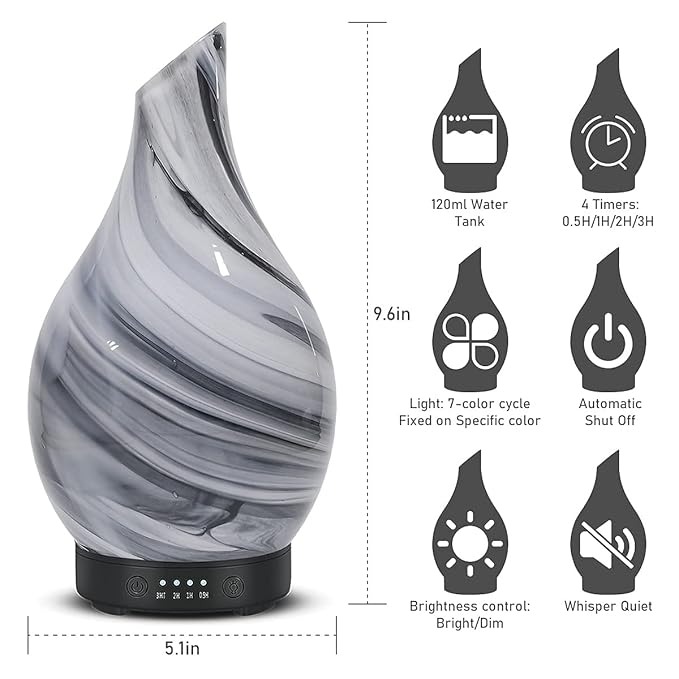 Essential Oil Diffuser 120ml Ultrasonic Aromatherapy Diffuser with Handmade Glass with Auto Shut-Off Protection 4 Timer Setting 7 Colors Changed LED Diffuser for Home Yoga Office Gifts for Women - Image 5