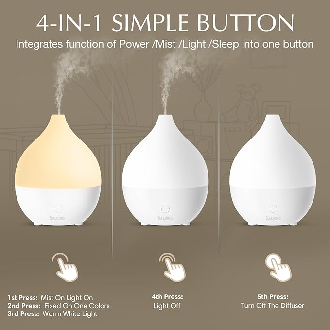 SALKING Essential Oil Diffuser, 100ml Small Aromatherapy Diffuser for Essential Oils, Auto Shut-Off Ultrasonic Diffusers, Cool Mist Humidifier with Warm White Lights, for Office Home (White) - Image 4
