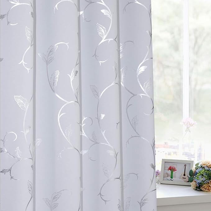 BUHUA Silver Grey Blackout Curtain 2 Panel Set Vine Foil Print Thermal Insulated Drapes Room Darkening Curtains Grommet Window Treatment, 66 x 72 Inch, Greyish White - Image 4