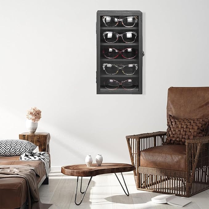 Wall Mounted Wooden Collectible Display Case 5 Shelf Display Storage Accessories Display with Acrylic Door, Sunglass Display Cabinet, Wall Shadow Box, Shelf Thimble Display Case (Black) - Image 2