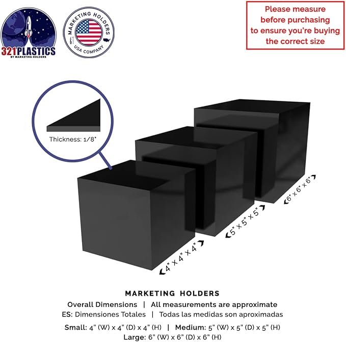 Acrylic Display Riser Boxes 3 Piece Black No Lid Retail Product Riser with Hollow Bottom 4", 5", 6" High Nesting Bins One Open Side Merchandise Storage Box by Marketing Holders - Image 7