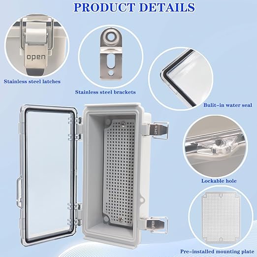 Waterproof Electrical Box, IP67 Junction Box Stainless Steel Latch Hinged Clear Cover Project Enclosure with Wall Bracket 7.9"x3.9"x2.8" - Image 3