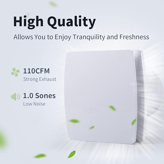 Zeyzer Exhaust Fan 110 CFM 1.0 Sones 5.9" Duct White Square Quiet Powerful Ceiling or Wall-Mount Ventilation Fan for Bathroom/Corridor/Office/Laundry Room/Shop - Image 2