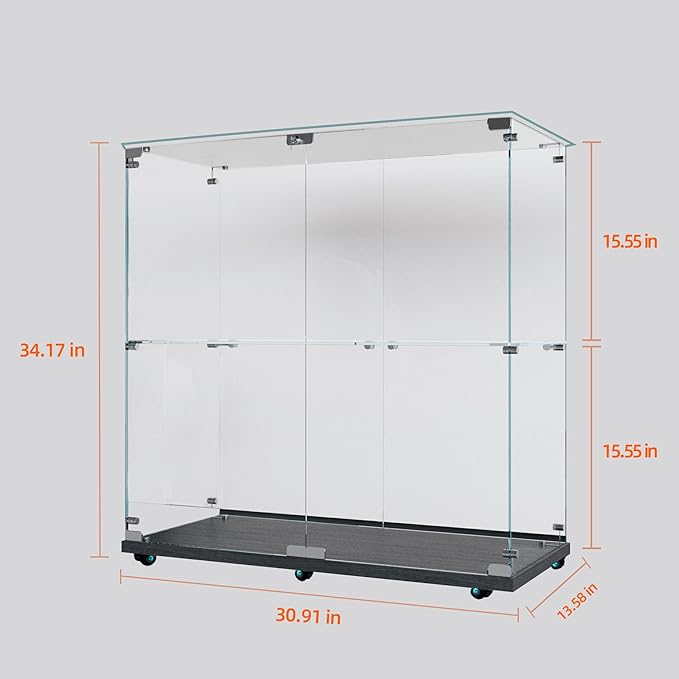 Yoluckea 2 Tiers Glass Display Cabinet with Bluetooth LED Light Strip, 2 Doors Floor Standing Curio Cabinet with Universal Wheel for Home, Black Glass Bookshelf for Collections, Clear Top - Image 2
