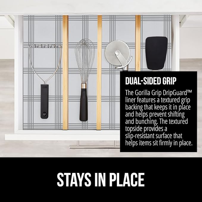 GORILLA GRIP DripGuard Shelf Liner, Non-Adhesive Drawer and Kitchen Cabinet Protector, 24x240 In, Strong Grip Slip Resistant Underside, Smooth Surface Liners for Cabinets, Bathroom Closets, Gray White - Image 4