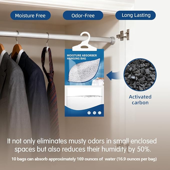 Hanging High-Purity Moisture Absorber, 10 Pack with Activated Carbon, eliminates Musty Odors During humid Summers, Ideal for Drawers and wardrobes,15% Greater Moisture Absorption. (169 oz) - Image 2