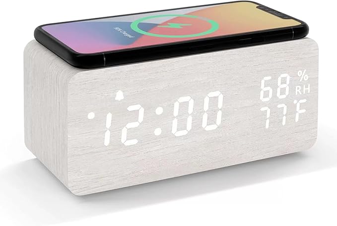 Lancoon Wooden LED Alarm Clock with Wireless Charging Temperature and Humidity Display Calendar Adjustable Brightness Sound Control for Bedroom Home Office (White) by Lancoon