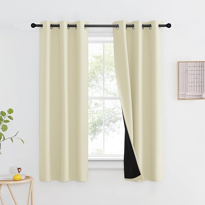 NICETOWN Living Room Completely Shaded Draperies, Privacy Protection & Noise Reducing Ring Top Drapes, Black Lined Insulated Window Treatment Curtain Panels (Beige, 2 Pieces, W37 x L60) by NICETOWN