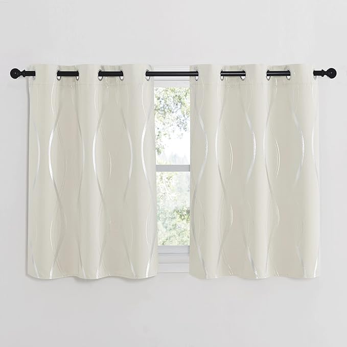 NICETOWN Bedroom Curtains Small Blackout Panels, Beige, Set of 2, 42 by 40 Inch, Window Treatment Thermal Insulated Solid Grommet Blackout Wave Line Foil Print Design Curtains for Kitchen, Cafe, Loft - Image 2