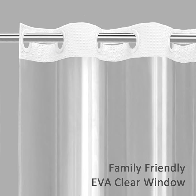 No Hook Shower Curtain with Fabric Liner White Hotel Waffle 75" L x 72" W,EVA Clear Window Shower - Image 2