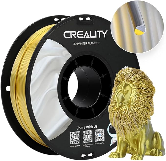 Creality Silk PLA Multicolor Filament, 3D Printer Filament 1.75mm, Glossy & Smooth Silk Texture, Silk Shiny PLA Filament +/-0.02mm, 3D Printing Filament 1KG/2.2lb (Golden-Silver) by Creality