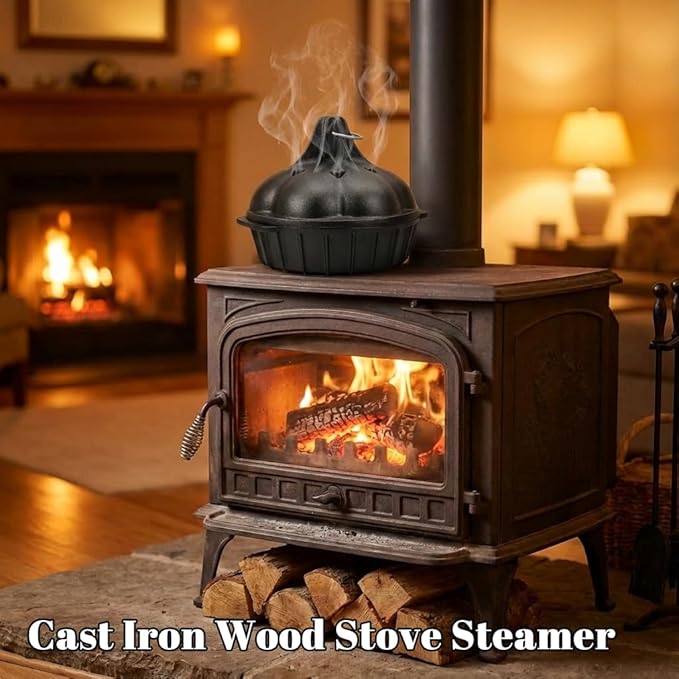 Wood Stove Steamer & Woodstove Steamer Stove Humidifier Cast Iron,2.4 Qt Round Fireplace Humidifier & Simmer Pots with Heart-shaped Vent At The Top Covers (Round-2) - Image 2