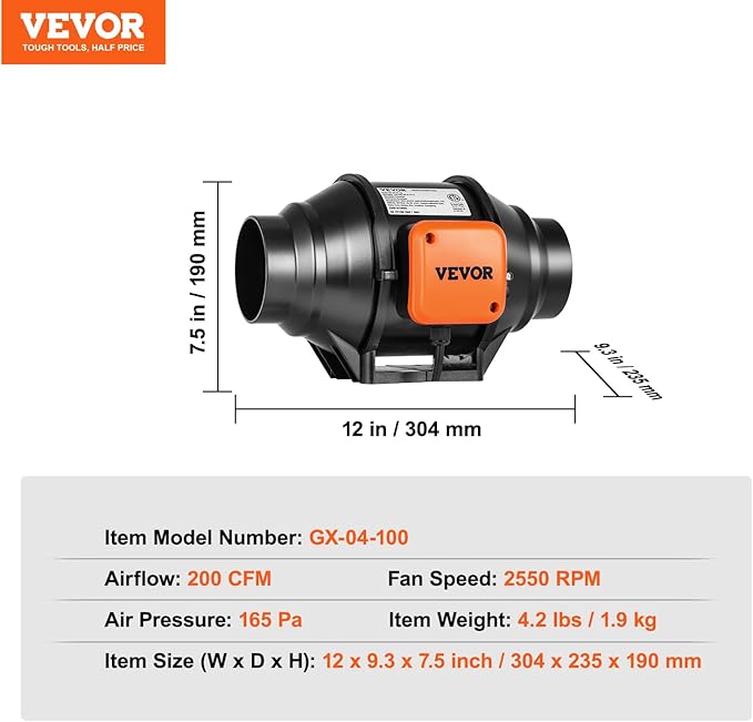 VEVOR Inline Duct Fan, 4-Inch 200 CFM with Variable Speed Controller, Quiet AC-Motor Ventilation Exhaust Fan for Cooling Booster, Grow Tents, Hydroponics - Image 7