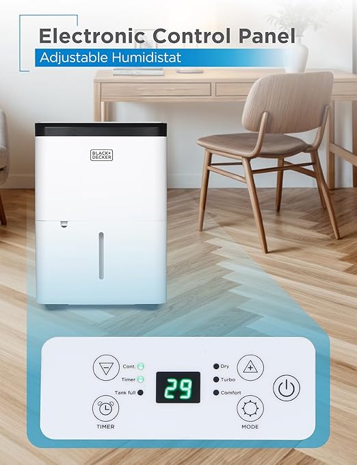 BLACK+DECKER 1000 Sq. Ft. Dehumidifier for Home, Bedroom and Basement, Up To 9 Pints Per Day, ENERGY STAR Certified, 3.3-Pint Bucket, LED Display, Auto Defrost & Restart, BDT08TW, White - Image 3
