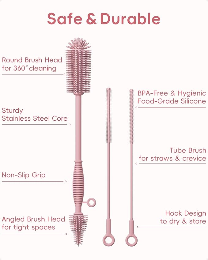 Silicone Cleaning Brush Kit,Water Bottle and Straw Cleaner Brush Set for Tumbler,Baby Bottle,Breast Pump Part,Nipple,Sippy Cup,Glass,Dishwasher Safe,BPA Free,3 Pcs - Image 2