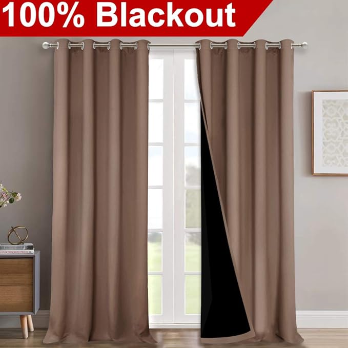 NICETOWN 100% Blackout Curtains Thermal, Noise Reduction and Privacy Curtains for Patio Door, Black Lined Blackout Drapes with Grommet Top, Cappuccino, 1 Pair, W52 x L102 - Image 2