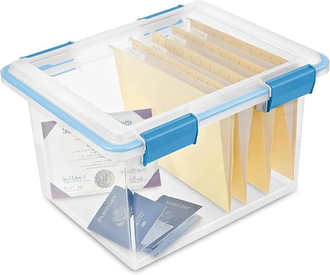 32 Quart Gasket Box, Weather-Resistant Clear File Storage Bin with Latch Lid, Blue - Image 6