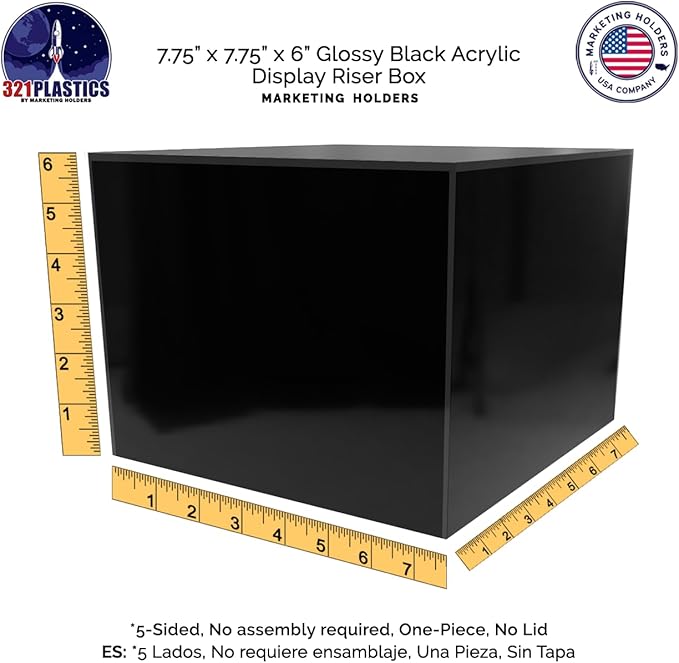 Black Acrylic Display Box Versatile 5 Sided Pedestal 7.75" x 7.75" x 6" Inch Merchandise Storage Bin No Lid Retail Product Riser One Open Side by Marketing Holders - Image 7