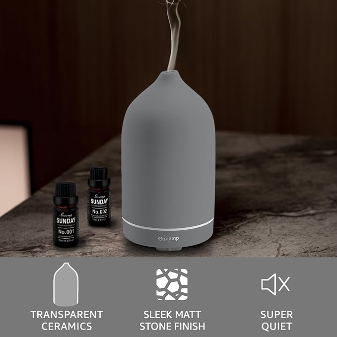 200ML Ceramic Essential Oil Diffuser - Ultrasonic Aromatherapy & Humidifier with 7-Color LED Lights, Auto Shut-Off, Grey, 1H/3H/6H Timer | Scent for Home,Office,Yoga - Image 2