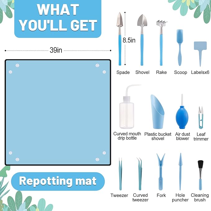 20pcs Small Gardening Tools Gifts for Women Beginners - Garden Hand Tools Set for Indoor Succulent Bonsai Plants Transplanting, Included 39.4" Plant Repotting Mat/Miniature Shovel/Labels, Blue - Image 5