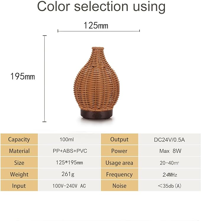 Boho Essential Oil Diffuser for Home Rattan Weaving with Remote Control, 100mL 7 Changing Color Lights Ultrasonic Aroma Humidifier, Noiseless Auto-Off Sleep Mode for Bedroom Office Workout - Image 7