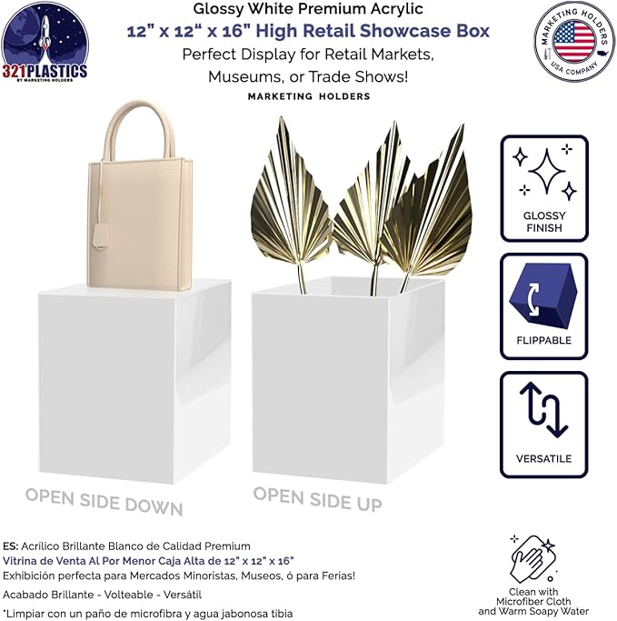 12" x 12" x 16" White Acrylic Display Box with One Open Side No Lid Versatile Tall Lucite Retail Product Riser or Merchandise Storage Bin by Marketing Holders - Image 4