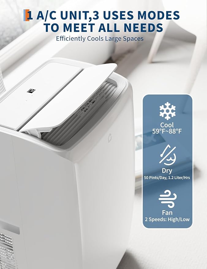 14000 BTU Portable Air Conditioner - 3 in-1 AC Unit with Dehumidifier & Fan, Cools Up to 750 Sq Ft, Quiet 52dB, Easy Install Kit for Home/Garage/Apartment - Image 5