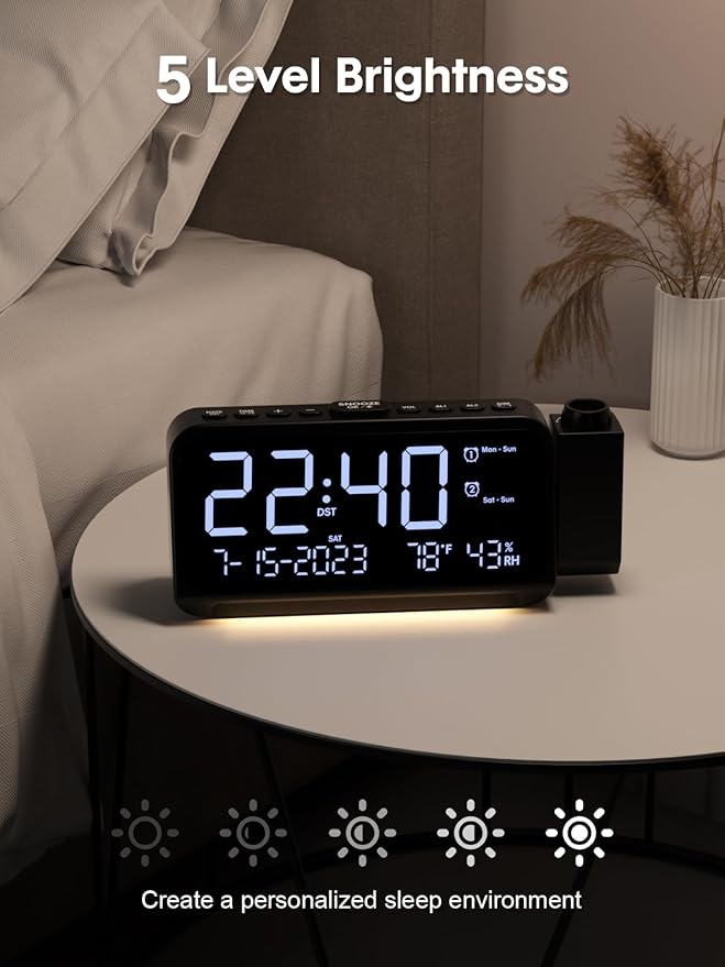 ROCAM Projection Alarm Clock, Digital Clock with 180° Projector on Ceiling Wall, Dual Loud Alarm Clocks for bedrooms with Weekday/Weekend Mode,2 USB Ports, Dimmer, Temp, Humidity, Night Light, Snooze - Image 6