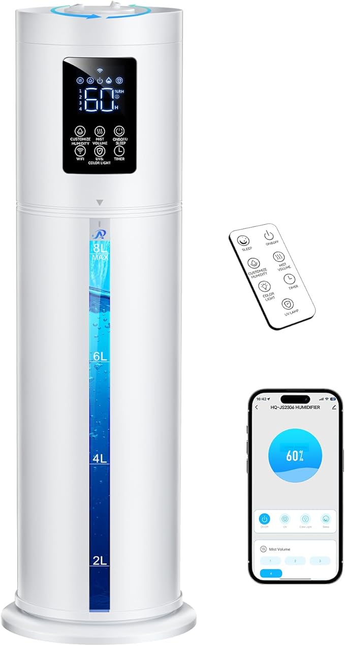 2.1Gal/8L Smart Humidifier Large Room, Top Fill Humidifiers for Bedroom with Diffuser, 7 Color Lights,16H Timer, Auto Mode, APP Remote Control, 4 Levels Cool Mist Air Humidifier for Plants Home Office by HumidifiersforLargeRoom