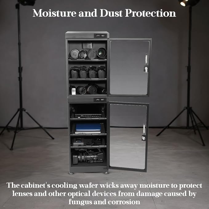 180LT Electronic Dry Cabinet for Camera, Lens & Electronics – Silent Dehumidifying Storage, Touchscreen, Dual Zone Humidity Control (60-35% RH), 5 Adjustable Shelves, LED Light, Lock - Image 4