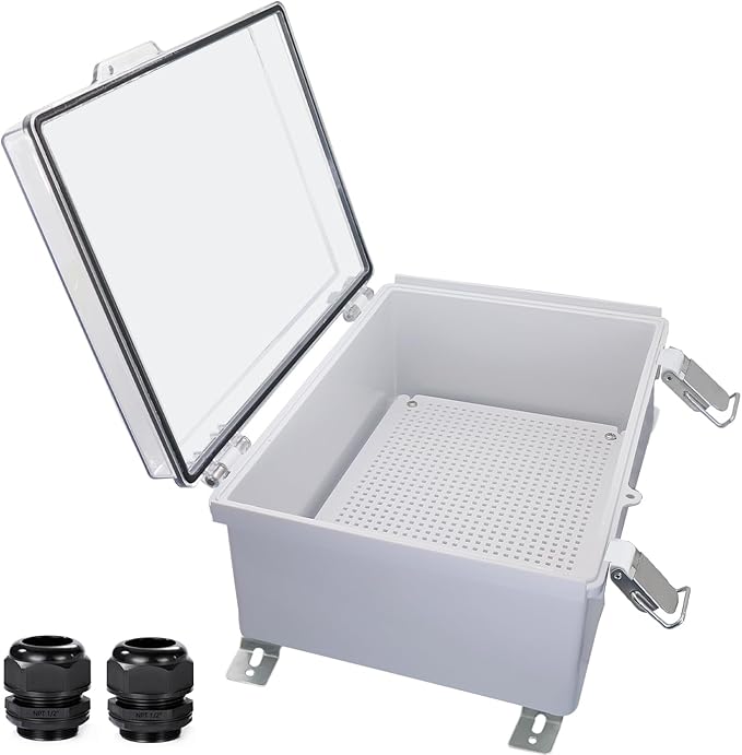 Waterproof Outdoor Electrical Box Junction Box Weatherproof IP67 ABS Plastic Enclosure Switch Router Project Box with Mounting Plate with Wall Bracket 2 Cable Glands Clear 13.8" x 9.8" x 5.9" by YETLEBOX