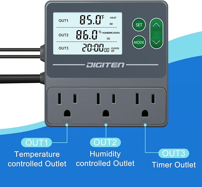 DIGITEN Temperature and Humidity Controller with Timer - 3 Outlet, 2 Separate Probes, Plug in Temperature Controller for Reptiles,Snake, Mushrooms, Tent, Triple Control for Temp,Humidity,Time - Image 4