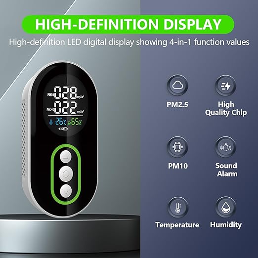 4 in 1 PM 2.5 and PM 10 Air Quality Monitor(Temp/Humidity/PM2.5/PM10), Portable PM 2.5 Detector with Alarm Function, 0~1000 UG/m³ Detector Range Air Quality Monitor for Home, Office, School - Image 3