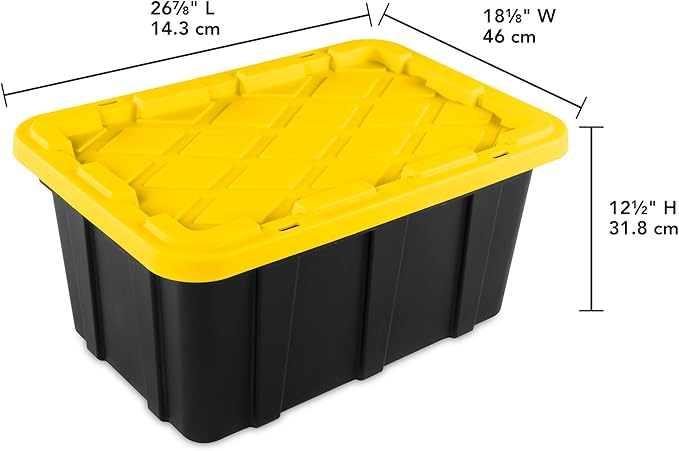 Sterilite 17 Gal Industrial Tote, Stackable Storage Bin with Snap-Fit Lid for Garage, Basement & Attic Storage, Black Base and Yellow Lily Lid, 6-Pack - Image 3