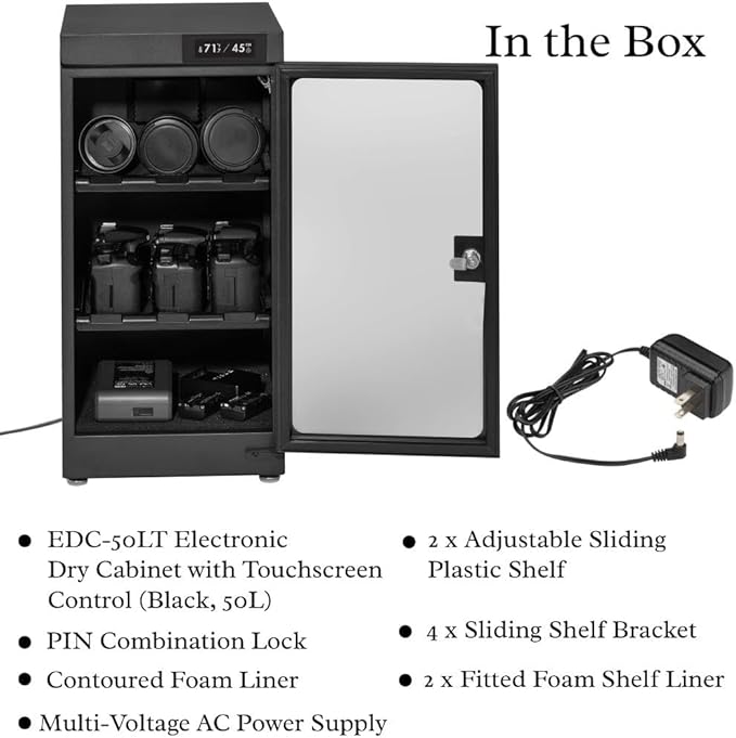 50LT Electronic Dry Cabinet for Camera, Lens & Electronics – Silent Dehumidifying Storage, Touchscreen Humidity Control (60‑35% RH), 2 Adjustable Shelves, LED Light, Lock, Energy Saving - Image 9