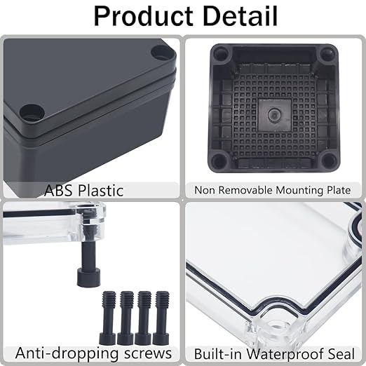 Junction Box,IP67 Waterproof ABS Black Project Box Clear Cover with Mounting Plate Electrical Box Enclosure for Outside Electronics 3.9 x 3.9 x 3inch(100x100x75mm) - Image 3