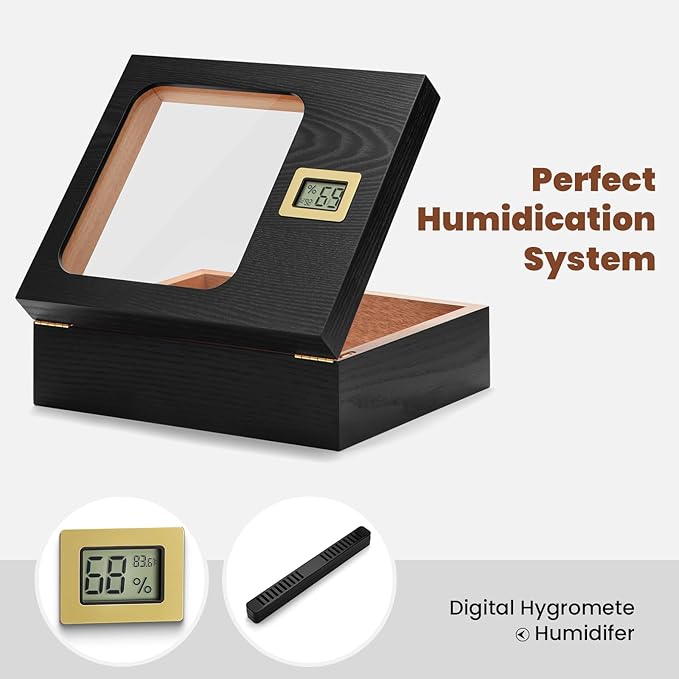 Cigar Humidor, Modern Glass Top Cedar Humidor Cigar Box with Digital Hygrometer, Humidifier, Divider, Handmade Cigar Case Holds 35-45 Cigars, Cigar Accessories for Men - Image 3