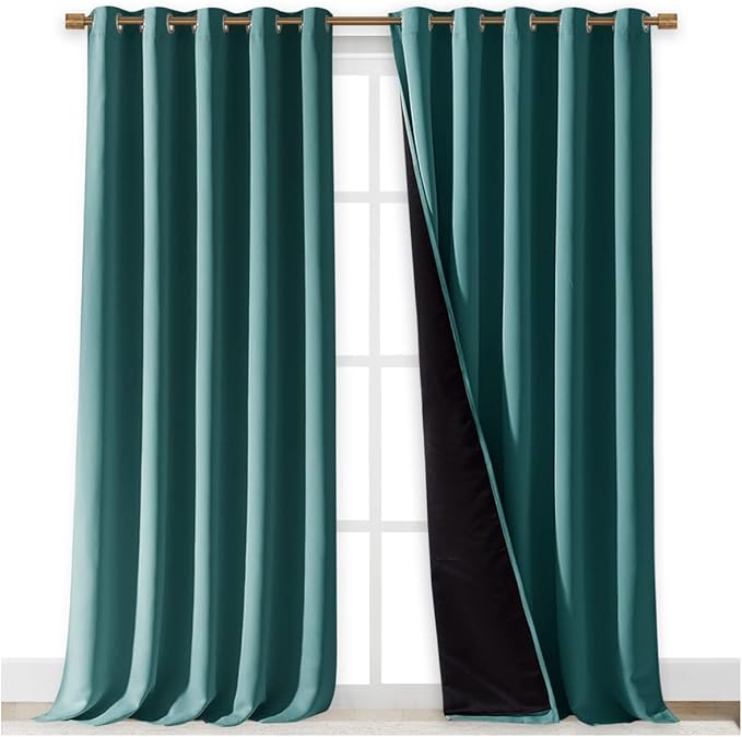 NICETOWN Total Shade Curtains and Draperies, Sea Teal, Package of 2, 62 inches Wide x 95 inches, LongHeavy-Duty Full Light Shading Drapes with Black Liner Backing for Villa/Hall/Dorm Window - Image 2